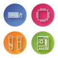 Set line Keyboard and mouse, Processor with microcircuits CPU, Test tube and flask and Motherboard. Color circle button