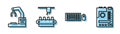 Set line Keyboard and mouse, Robotic robot arm hand factory, Factory conveyor system belt and Motherboard icon. Vector