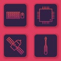 Set line Keyboard and mouse, Satellite, Processor with microcircuits CPU and Screwdriver. Blue square button. Vector