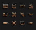 Set line Keyboard and mouse, Social network, Server, Data, Web Hosting, Smart Tv, Smartwatch, Drone flying, and Royalty Free Stock Photo