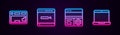 Set line Keyboard, Search engine, Debugging and Laptop. Glowing neon icon. Vector