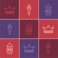 Set line King crown, Castle tower and Torch flame icon. Vector