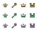 Set line King crown, Fleur de lys or lily flower, Mace with spikes and Castle icon. Vector