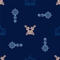 Set line King crown, Mace with spikes and Skull sword on seamless pattern. Vector Royalty Free Stock Photo