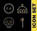 Set line King crown, Medieval halberd, Skull and Round wooden shield icon. Vector Royalty Free Stock Photo