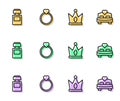 Set line King crown, Perfume, Diamond engagement ring and Bedroom icon. Vector