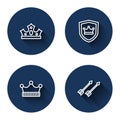 Set line King crown, Shield with, and Medieval arrows with long shadow. Blue circle button. Vector Royalty Free Stock Photo