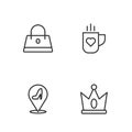 Set line King crown, Woman shoe, Handbag and Coffee cup heart icon. Vector