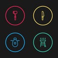 Set line Kitchen apron, Barbecue grill, Knife and hammer icon. Vector