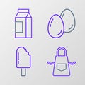 Set line Kitchen apron, Ice cream, Easter eggs and Paper package for milk icon. Vector