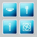 Set line Kitchen colander, Barbecue fork, Spoon and Ventilation icon. Vector