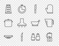 Set line Kitchen colander, Blender, Bread knife, Knife, Grater, extractor fan, Salt pepper and Measuring cup icon