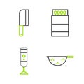 Set line Kitchen colander, Blender, Open matchbox matches and Meat chopper icon. Vector