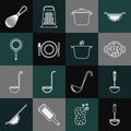 Set line Kitchen ladle, Cooking soup in pot, Plate, fork and knife, Frying pan, whisk and icon. Vector Royalty Free Stock Photo