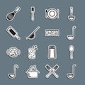 Set line Kitchen ladle, Spoon, Plate, fork and knife, colander, Grater, whisk and Sponge with bubbles icon. Vector Royalty Free Stock Photo