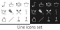 Set line Kitchen ladle, Spoon, Plate, fork and knife, whisk, Washing dishes, Crossed and Cooking pot icon. Vector Royalty Free Stock Photo