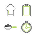 Set line Kitchen timer, Frying pan, Cutting board and Chef hat icon. Vector Royalty Free Stock Photo