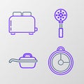 Set line Kitchen timer, Frying pan, Spatula and Toaster with toasts icon. Vector