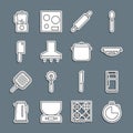 Set line Kitchen timer, Refrigerator, colander, Rolling pin, extractor fan, Meat chopper, Blender and Cooking pot icon Royalty Free Stock Photo