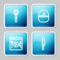 Set line Kitchen whisk, timer, Cooking live streaming and Knife icon. Vector Royalty Free Stock Photo