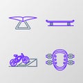 Set line Knee pads, Bicycle on street ramp, Skateboard and Hang glider icon. Vector