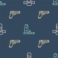 Set line Knife holster, Pistol or gun and Gun magazine and bullets on seamless pattern. Vector