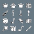 Set line Knife, Plate, fork and knife, Spoon, Cooking pot, Fork, Kitchen whisk, and ladle icon. Vector Royalty Free Stock Photo