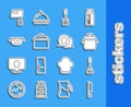 Set line Knife, Spatula, Cooking pot, Kitchen colander, Electric mixer and Chef hat speech bubble icon. Vector