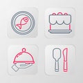 Set line Knife and spoon, Covered with tray of food, Cake and Served fish plate icon. Vector Royalty Free Stock Photo