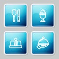 Set line Knife and spoon, Ice cream in bowl, Salt pepper and Covered with tray of food icon. Vector