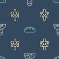 Set line Knight crusader, Christian cross and Bread loaf on seamless pattern. Vector