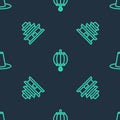 Set line Korean lantern, temple and hat on seamless pattern. Vector Royalty Free Stock Photo