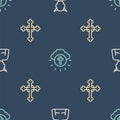 Set line Krampus, heck, Christian cross and Religious in circle on seamless pattern. Vector