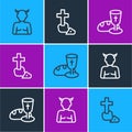 Set line Krampus, heck, Goblet and bread and Christian cross icon. Vector