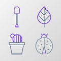 Set line Ladybug, Cactus and succulent in pot, Leaf and Shovel icon. Vector Royalty Free Stock Photo