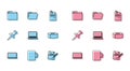 Set line Laptop, Coffee cup, Document folder, Blank notebook and pencil with eraser, Scotch, Push pin and icon. Vector Royalty Free Stock Photo