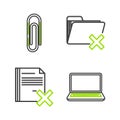 Set line Laptop, Delete file document, folder and Paper clip icon. Vector