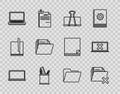 Set line Laptop, Delete folder, Binder clip, Pencil case stationery, Document, and and cross mark screen icon. Vector