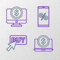 Set line Laptop with dollar, Buy button, Percent discount and mobile and Computer monitor icon. Vector Royalty Free Stock Photo