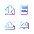 Set line Laptop with envelope, Upload inbox, Outgoing mail and Mail box. Gradient color icons. Vector