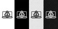 Set line Laptop with exclamation mark icon isolated on black and white background. Alert message smartphone notification