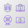 Set line Laptop with exclamation mark, Security camera, and lock and System bug icon. Vector Royalty Free Stock Photo