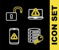 Set line Laptop with exclamation mark, Server security key, Mobile and Open padlock icon. Vector Royalty Free Stock Photo