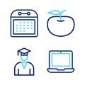 Set line Laptop, Graduate and graduation cap, Apple and Calendar icon. Vector