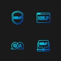 Set line Laptop and help, Question Answer, Shield with text Help and Browser. Gradient color icons. Vector