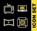 Set line Laptop with 8k, Movie spotlight, Online play video and Retro tv icon. Vector Royalty Free Stock Photo