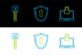 Set line Laptop and lock, Key and Shield with keyhole icon. Vector Royalty Free Stock Photo