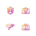 Set line Laptop and lock, Security camera, System bug and protected with shield. Gradient color icons. Vector Royalty Free Stock Photo