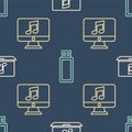 Set line Laptop with music note, Computer with music note and USB flash drive on seamless pattern. Vector