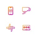 Set line Laptop with password, Barbed wire, Smartphone and Security camera. Gradient color icons. Vector Royalty Free Stock Photo
